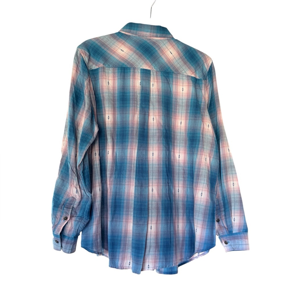 ARIAT REAL Billie Jean Relaxed Fit Aqua & Pink Dobby Plaid Shirt Large NWT - Picture 2 of 7